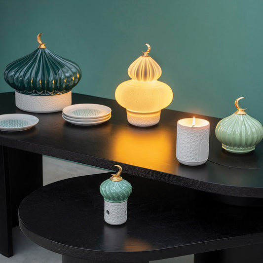 Crescent Cornucopia - Historical Meaning of the Sickle Moon - Lladro Majestic Nights 01024370 Wireless Lamp + 01040309 Candle + 01040308 Incense Diffuser + 01009655 Box with Plates - Lifestyle 2
