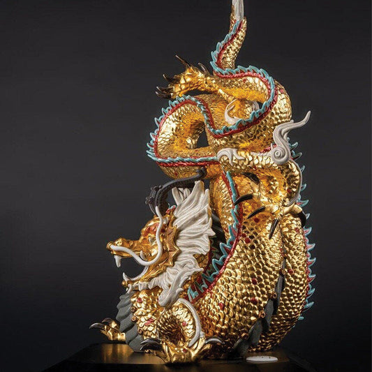 Porcelain And Gold The Magic of Lladro's Metallic Lustres - 01002032 Lladro Protective Dragon Sculpture Gold Special Edition Limited Edition - Side