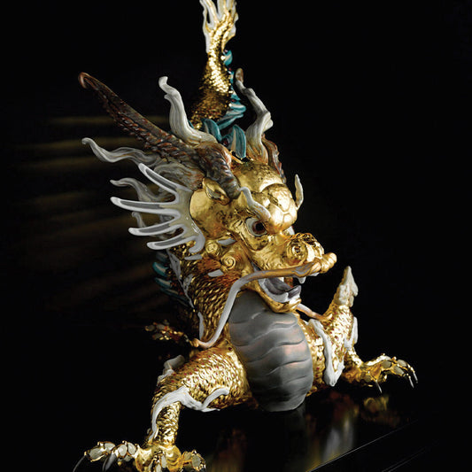 The Cultural Significance of East Asian Dragons - 01001973 Lladro Great Dragon Sculpture Limited Edition Golden Lustre - Front