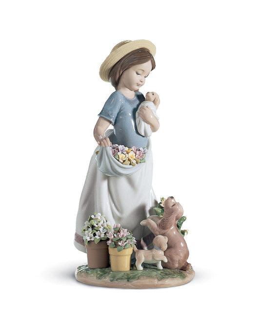 Lladró A Romp in the Garden Girl with Dog Sculpture  - FormFluent Sydney Australia