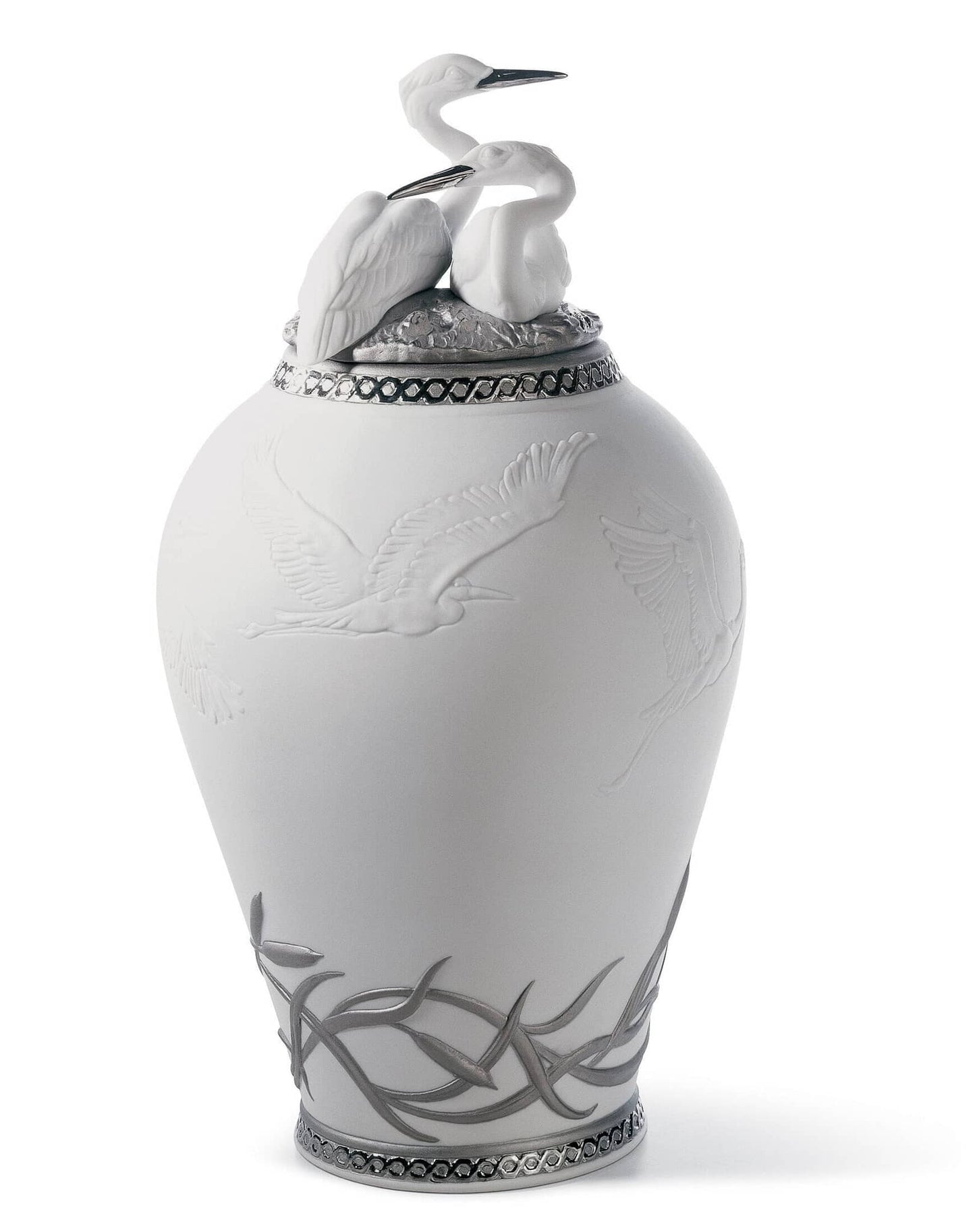 Lladró Herons' Realm Covered Vase Silver Lustre Vase by  Lladró at   FormFluent Sydney, Australia
