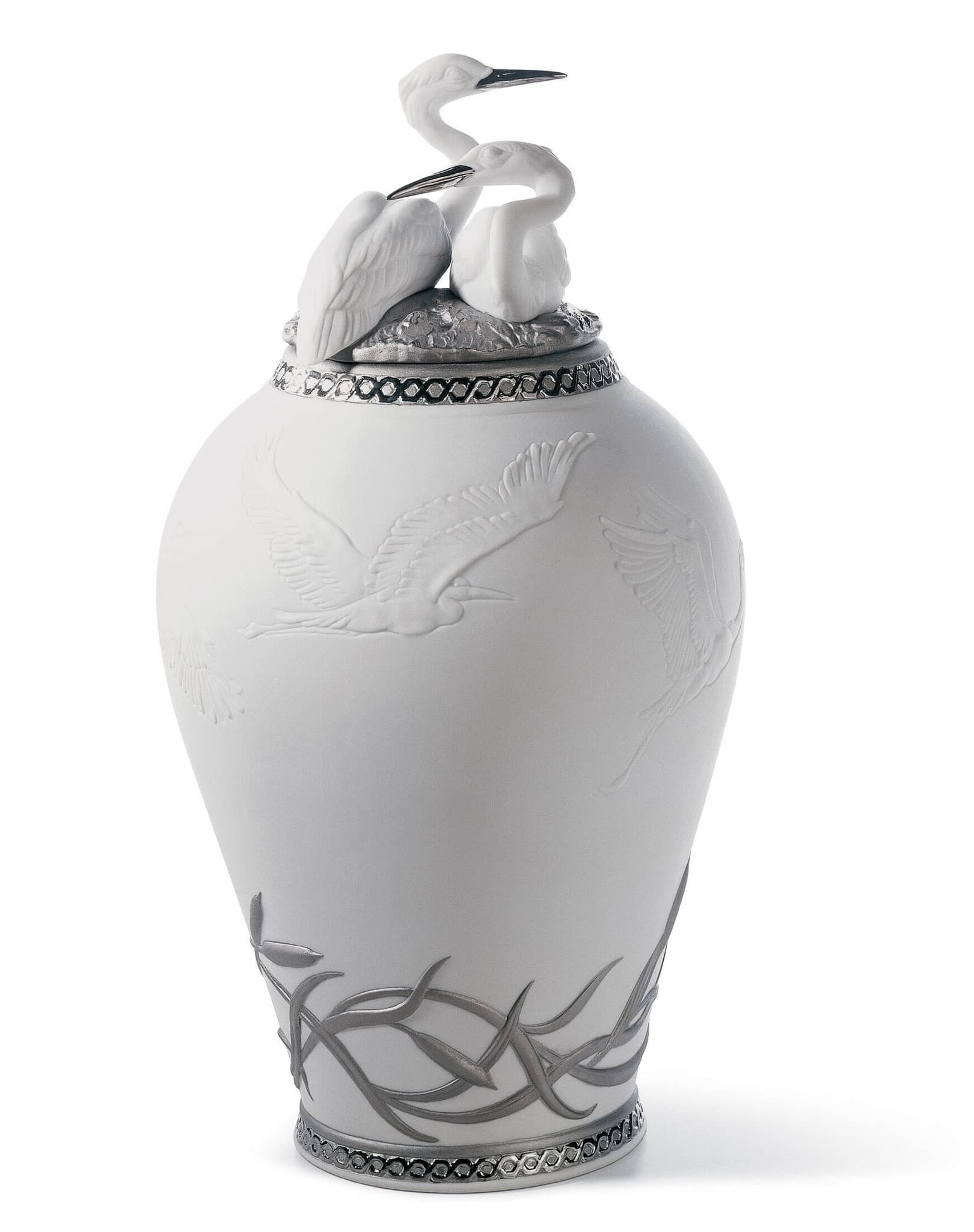 Lladró Herons' Realm Covered Vase Silver Lustre Vase by  Lladró at   FormFluent Sydney, Australia