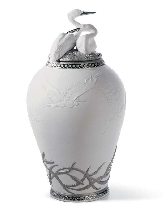 Lladró Herons' Realm Covered Vase Silver Lustre Vase by  Lladró at   FormFluent Sydney, Australia