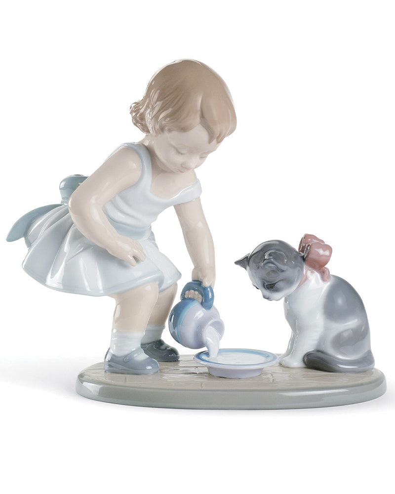 Lladró Kitty's Breakfast Time Girl and Cat Figurine