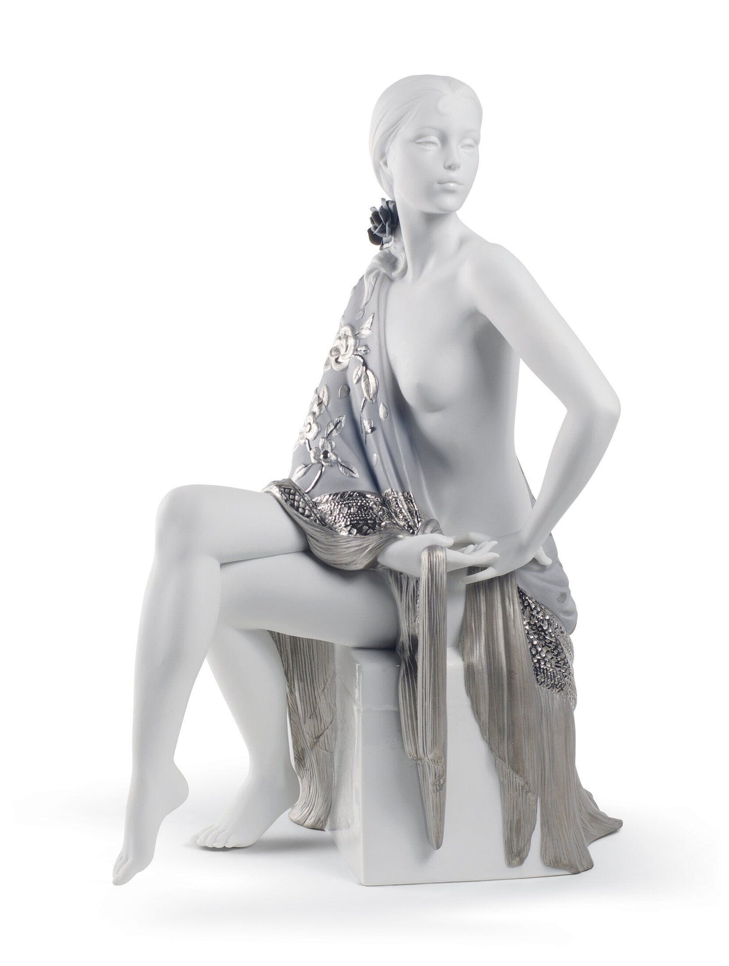 Nude with Shawl Woman Figurine Silver Lustre