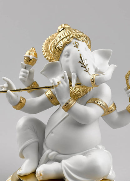 Lladró Bansuri Ganesha Figurine Gold Lustre Sculpture by  Lladró at   FormFluent Sydney, Australia