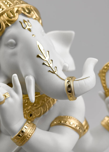 Lladró Bansuri Ganesha Figurine Gold Lustre Sculpture by  Lladró at   FormFluent Sydney, Australia