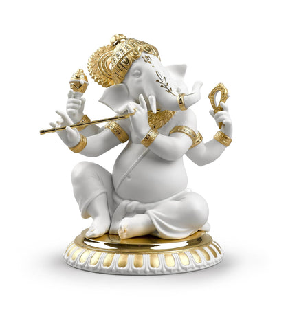 Lladró Bansuri Ganesha Figurine Gold Lustre Sculpture by  Lladró at   FormFluent Sydney, Australia