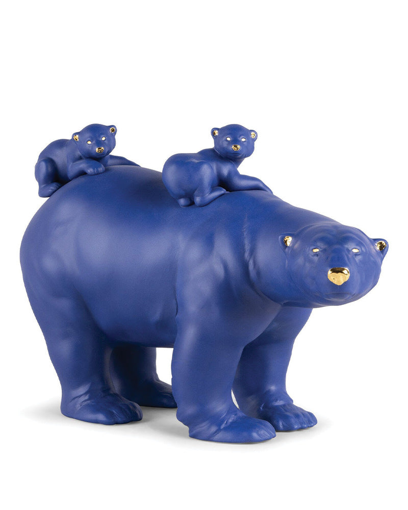 Lladró Mummy Bear and Babies Blue Gold Sculpture Limited Edition   FormFluent