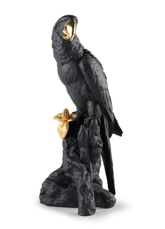 Lladró Macaw Bird Sculpture. Black-Gold. Limited Edition