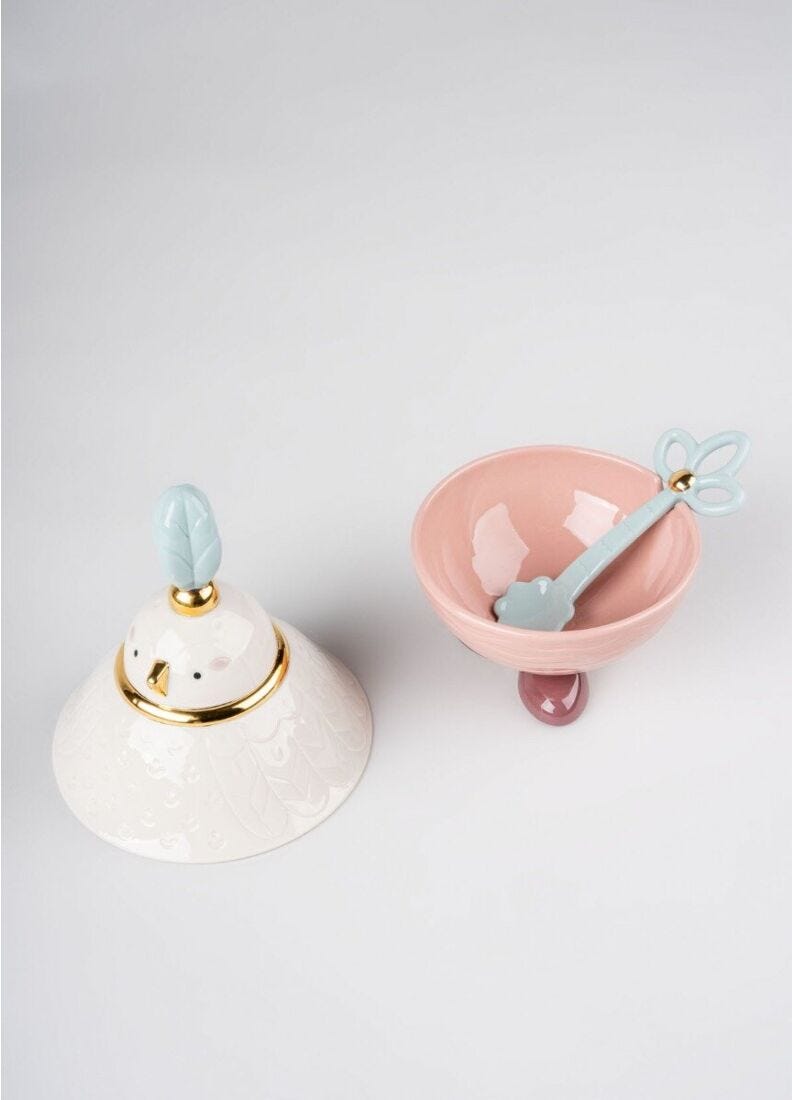 Porcelain sugar bowl from the Kawki collection designed by Aleksandra Zeromska, a charming coffee set inspired by Slavic folklore and a love for birds.

