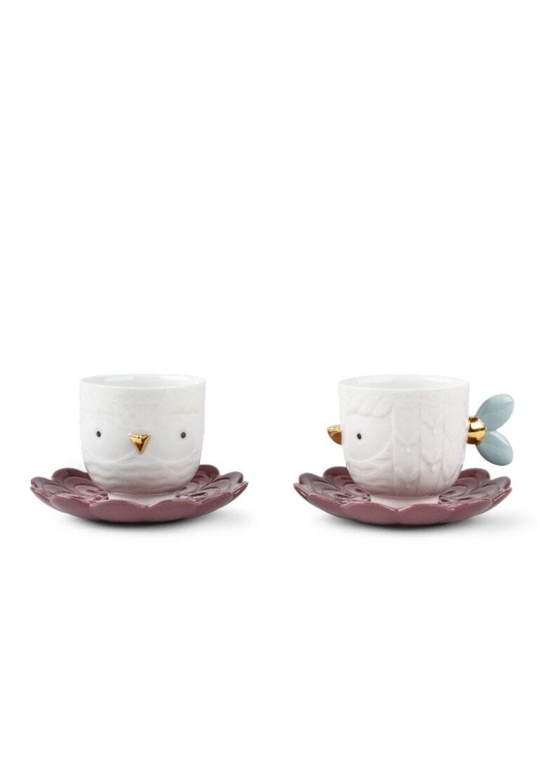 Set of porcelain cups and saucers from the Kawki collection designed by Aleksandra Zeromska, a charming coffee set inspired by Slavic folklore and a love for birds.