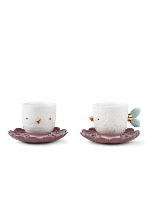 Set of porcelain cups and saucers from the Kawki collection designed by Aleksandra Zeromska, a charming coffee set inspired by Slavic folklore and a love for birds.