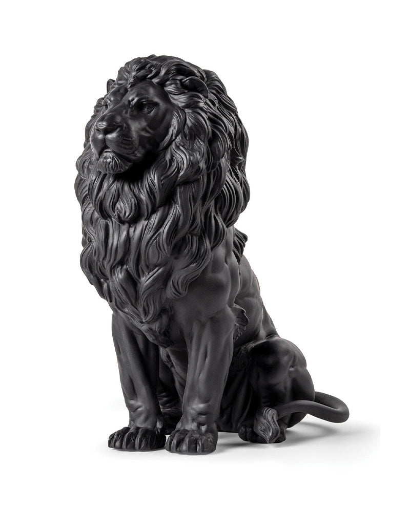 Lladró Majestic Lion Sculpture in matt black porcelain, a symbol of strength and nobility, handcrafted in Sydney Australia.