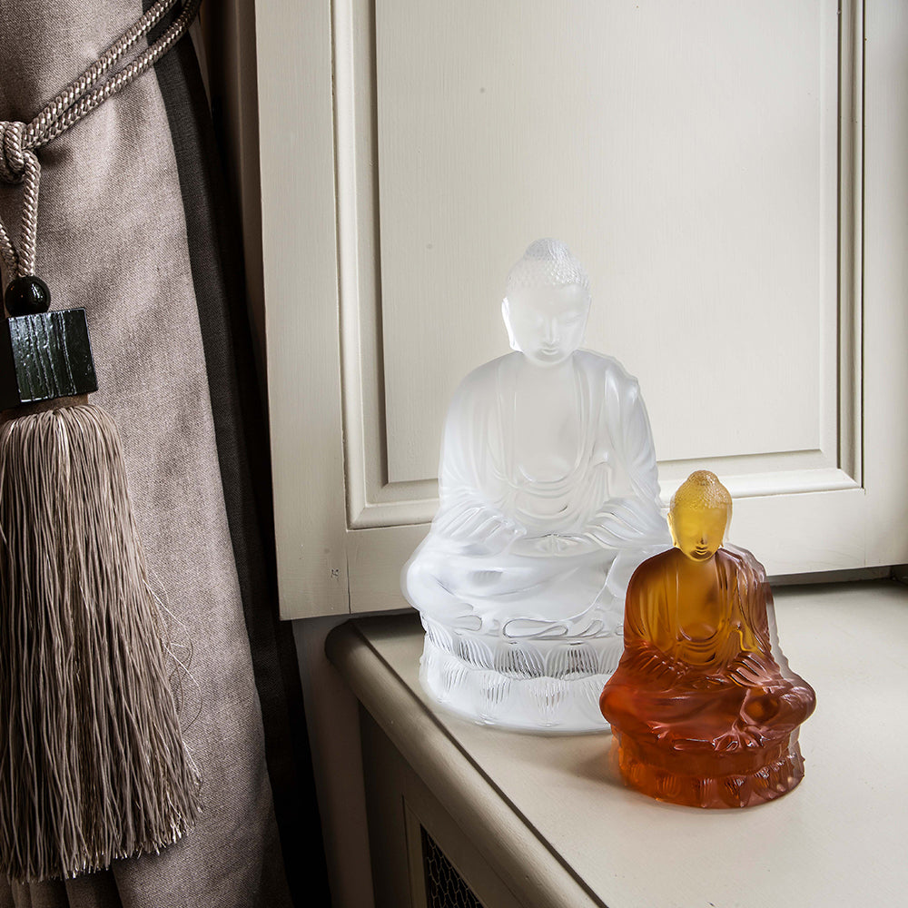 Tall Buddha Sculpture Numbered Edition Lalique with small amber model