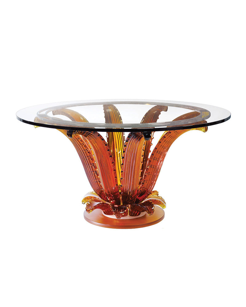 Cactus Round Table Lalique with 8 crystal cacti sculptural legs amber variant