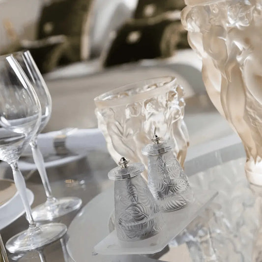 Lalique Feuilles Salt and Pepper Grinder by Peugeot Tableware by  Lalique at   FormFluent Sydney, Australia