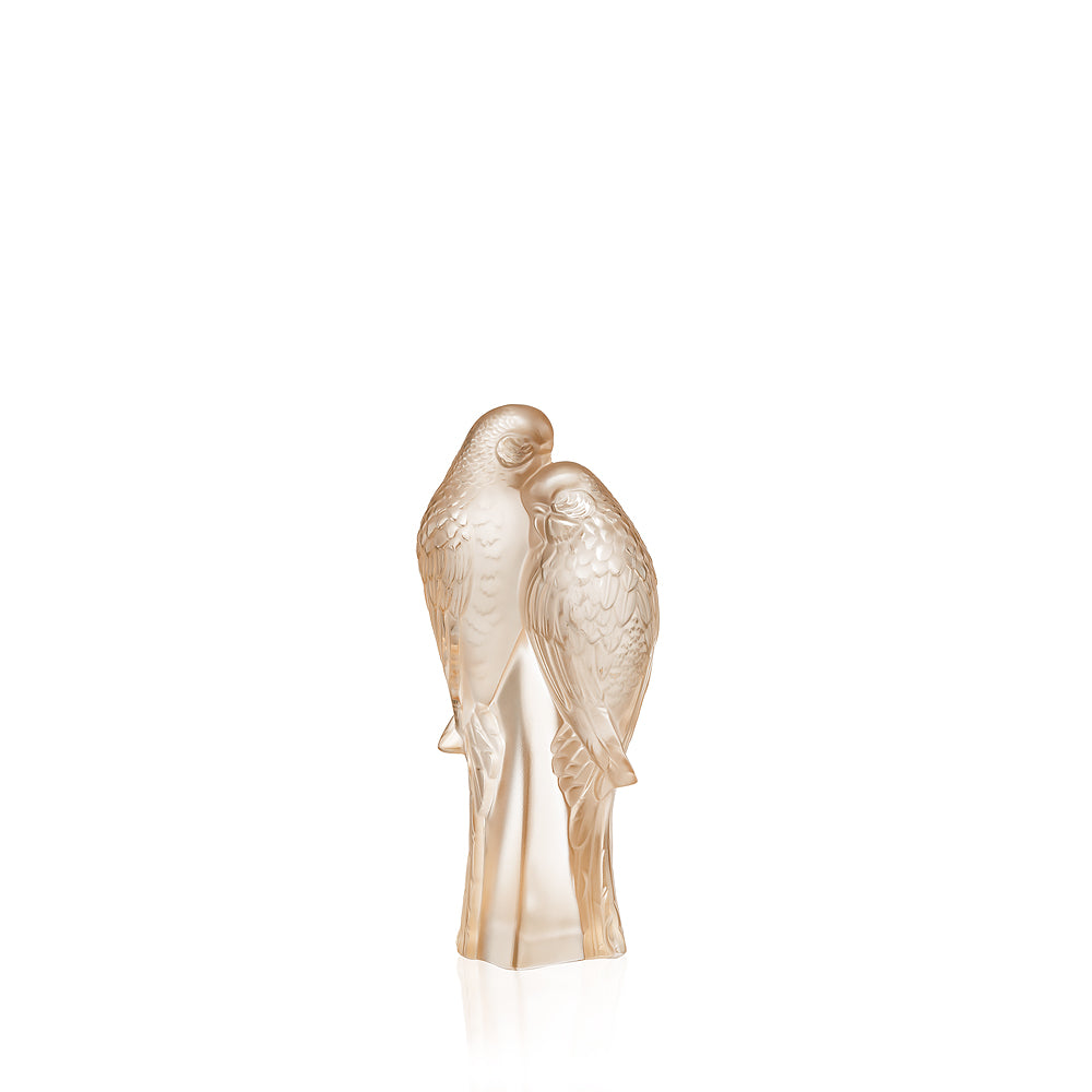2 Parakeets Sculpture Lalique Gold Lustre Crystal Lovebirds 