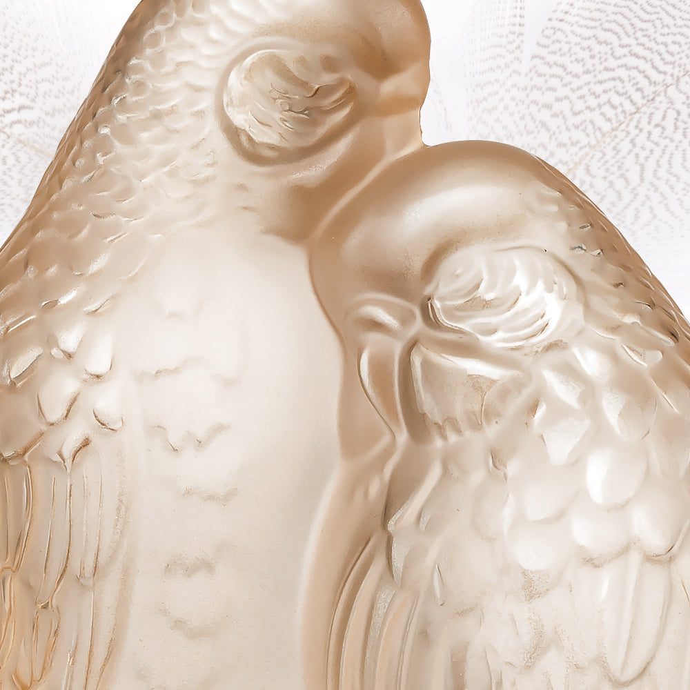 2 Parakeets Sculpture Lalique Gold Lustre Crystal Lovebirds 