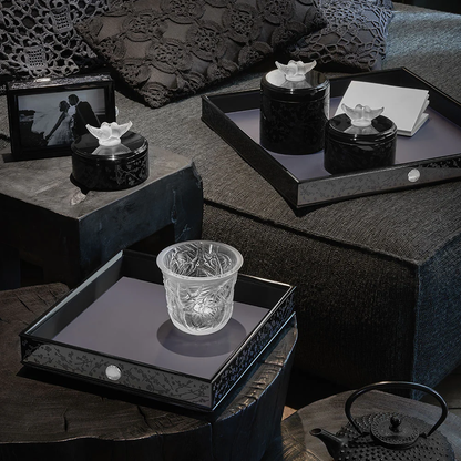 Lalique Fleurs de Cerisier Box Medium Size - Clear Crystal Black & Midnight Blue Lacquered Wood Organiser by  Lalique at   FormFluent Sydney, Australia