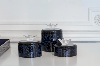 Lalique Fleurs de Cerisier Box Medium Size - Clear Crystal Black & Midnight Blue Lacquered Wood Organiser by  Lalique at   FormFluent Sydney, Australia