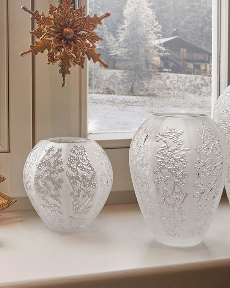 Sakura Medium Vase Lalique with small vase next to a window in winter