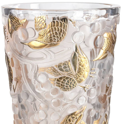 Lalique Merles et Raisins Large Vase Clear Crystal Gold Stamped Numbered Edition Vase by  Lalique at   FormFluent Sydney, Australia