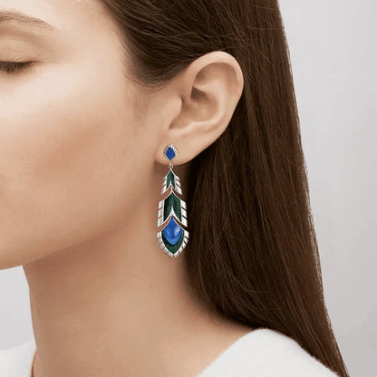 Lalique Paon Earrings - Blue Crystal & Green Lacquer Silver Jewelry by  Lalique at   FormFluent Sydney, Australia