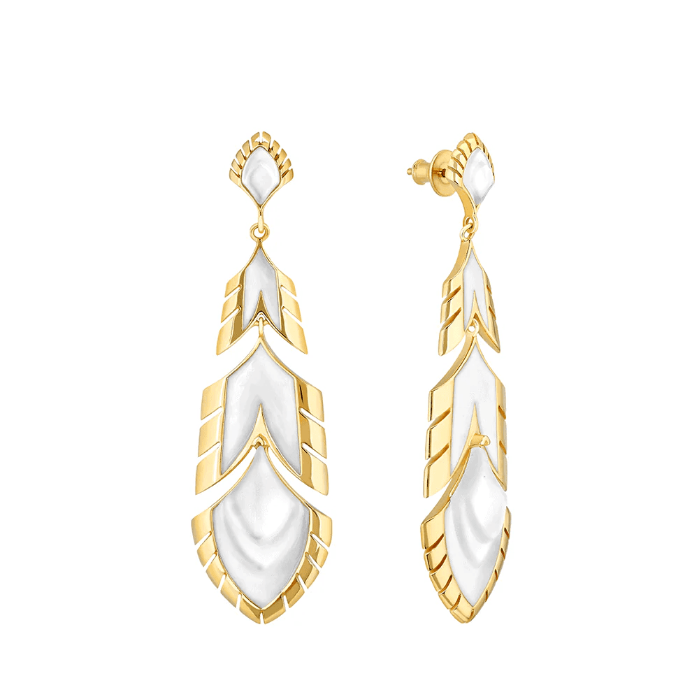 Lalique Paon Earrings - White Pearly Clear Crystal & White Lacquer 18K Yellow Gold-Plated Jewelry by  Lalique at   FormFluent Sydney, Australia