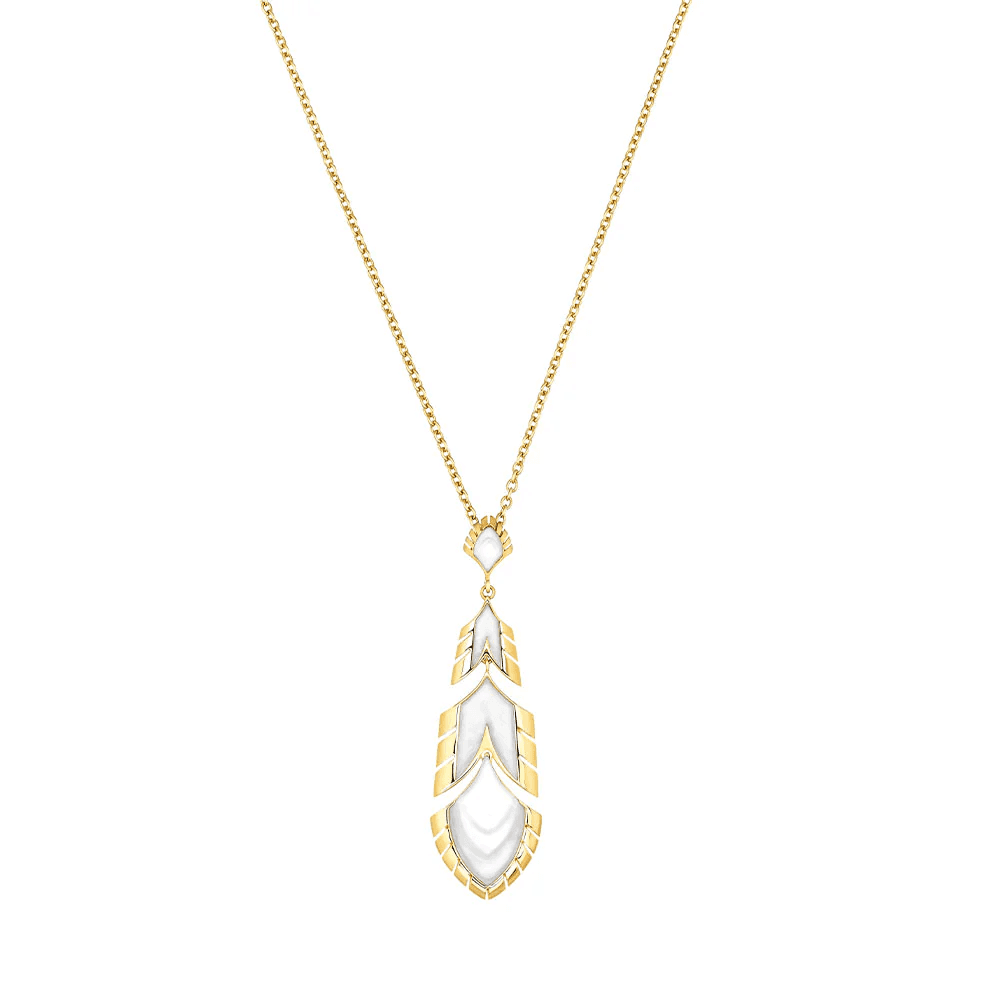 Lalique Paon Drop Pendant - White Pearly Clear Crystal White Lacquer 18K Yellow Gold Plated Jewelry by  Lalique at   FormFluent Sydney, Australia
