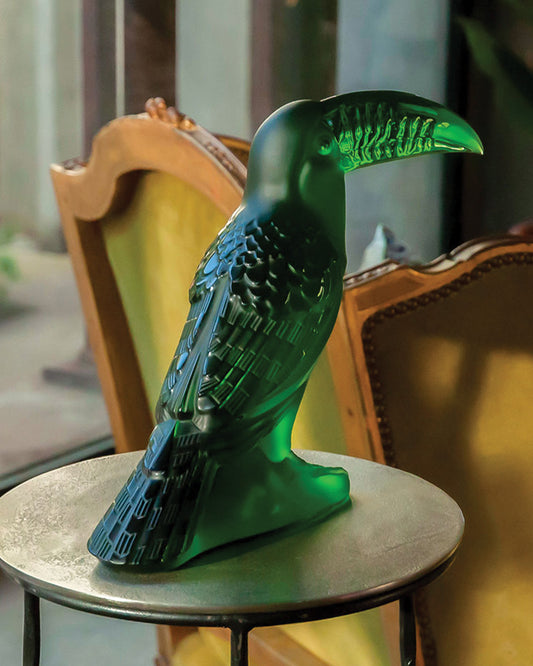 Toucan Sculpture Lalique amazon green crystal on side table