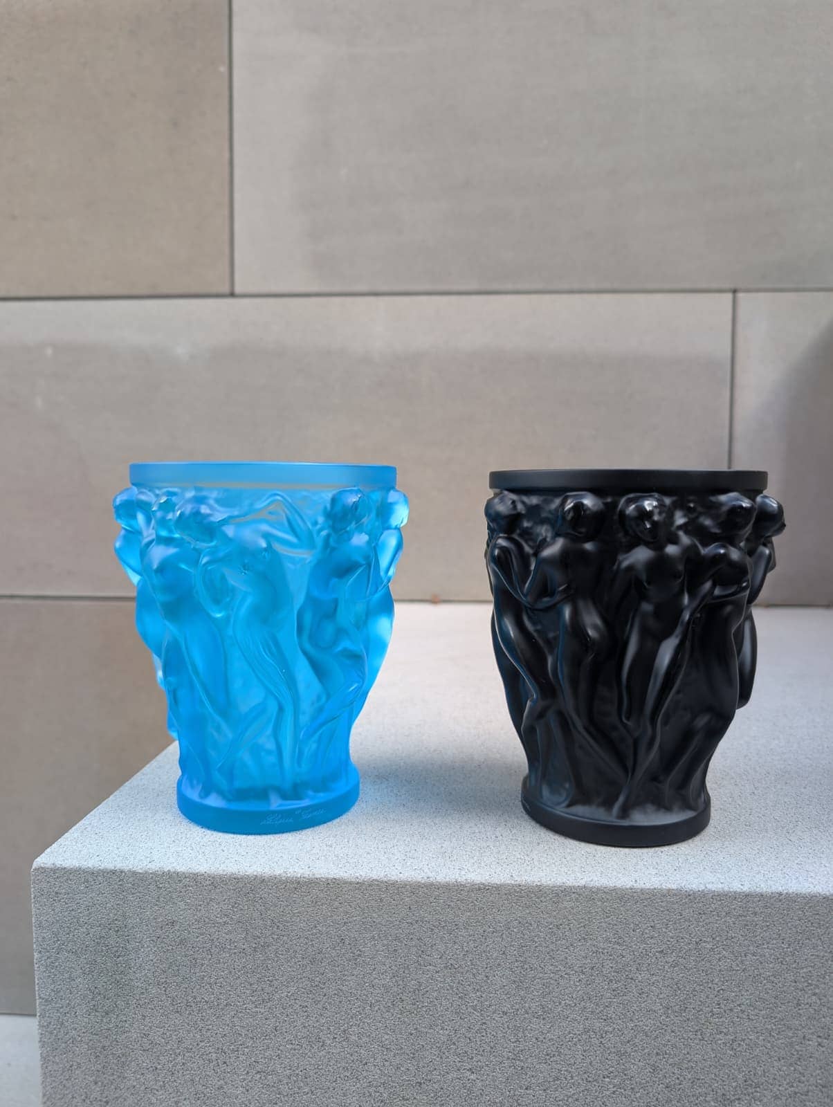 Lalique Bacchantes Small Vase Pale Blue Crystal Vase by  Lalique at   FormFluent Sydney, Australia