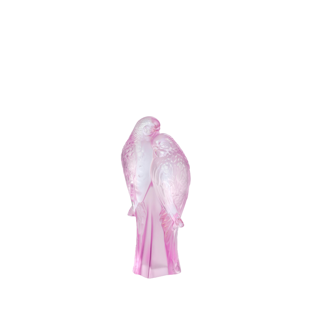 2 Parakeets Sculpture Lalique Pink Lustre Crystal Lovebirds 