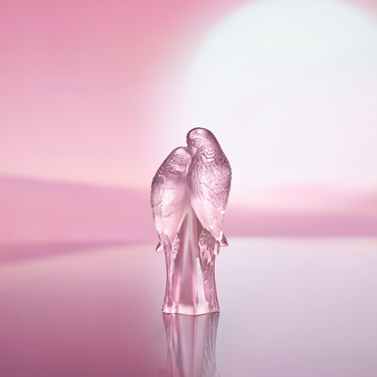 2 Parakeets Sculpture Lalique Pink Lustre Crystal Lovebirds 