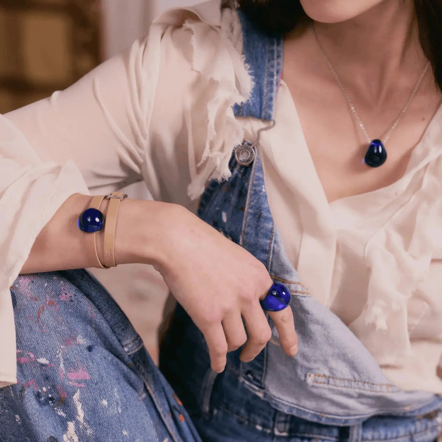 Lalique Cabochon Leather Bracelet - Cap Ferrat Blue Crystal Silver Jewelry by  Lalique at   FormFluent Sydney, Australia