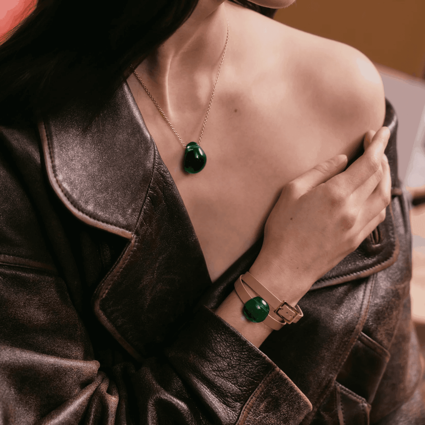 Lalique Cabochon Leather Bracelet - Deep Green Crystal 18K Yellow Gold Plated Jewelry by  Lalique at   FormFluent Sydney, Australia