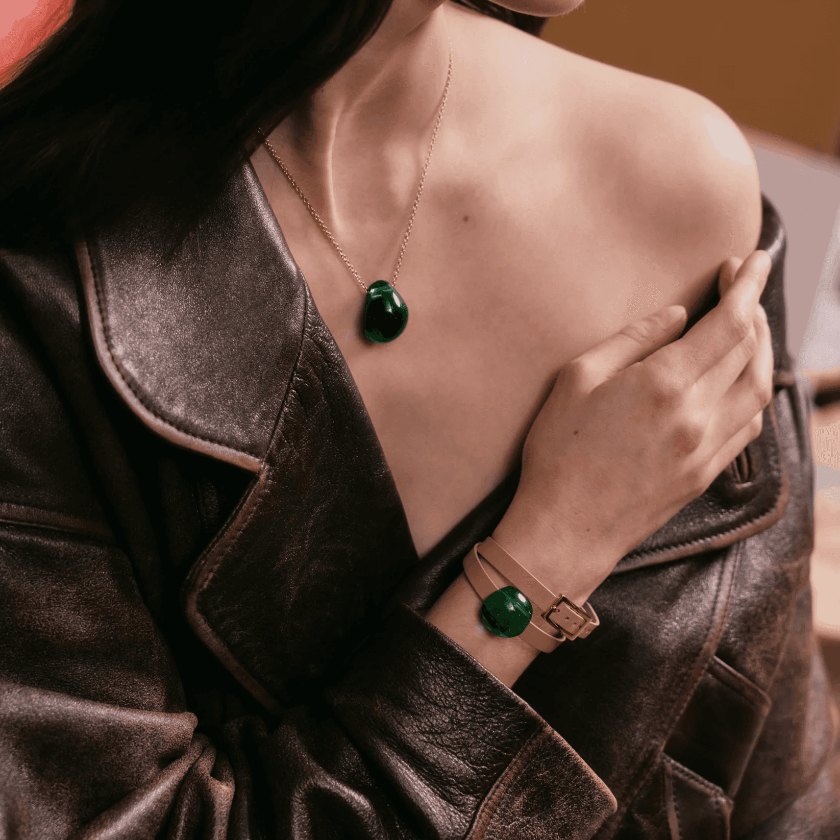 Lalique Cabochon Leather Bracelet - Deep Green Crystal 18K Yellow Gold Plated Jewelry by  Lalique at   FormFluent Sydney, Australia