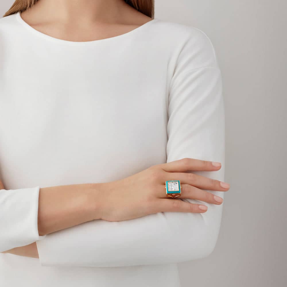 Lalique Aréthuse Ring Clear Crystal Turquoise Lacquer 18K Yellow Gold Plated Jewelry by  Lalique at   FormFluent Sydney, Australia