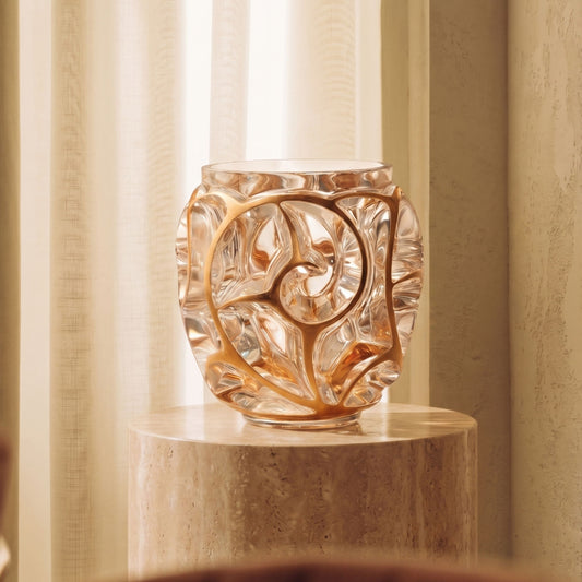 Lalique Tourbillons Grand XXL Vase Clear Crystal with Pink Gold Leaves Limited Edition
