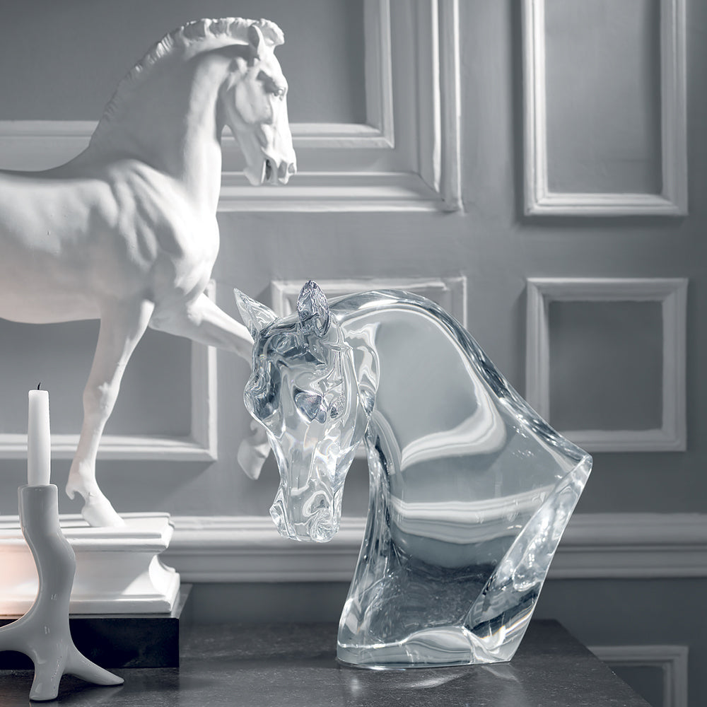 Horse's Head Sculpture Lalique clear crystal displayed with white horse sculpture