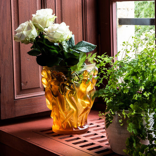 Lalique Bacchantes Vase Amber Crystal Numbered Edition Vase by  Lalique at   FormFluent Sydney, Australia