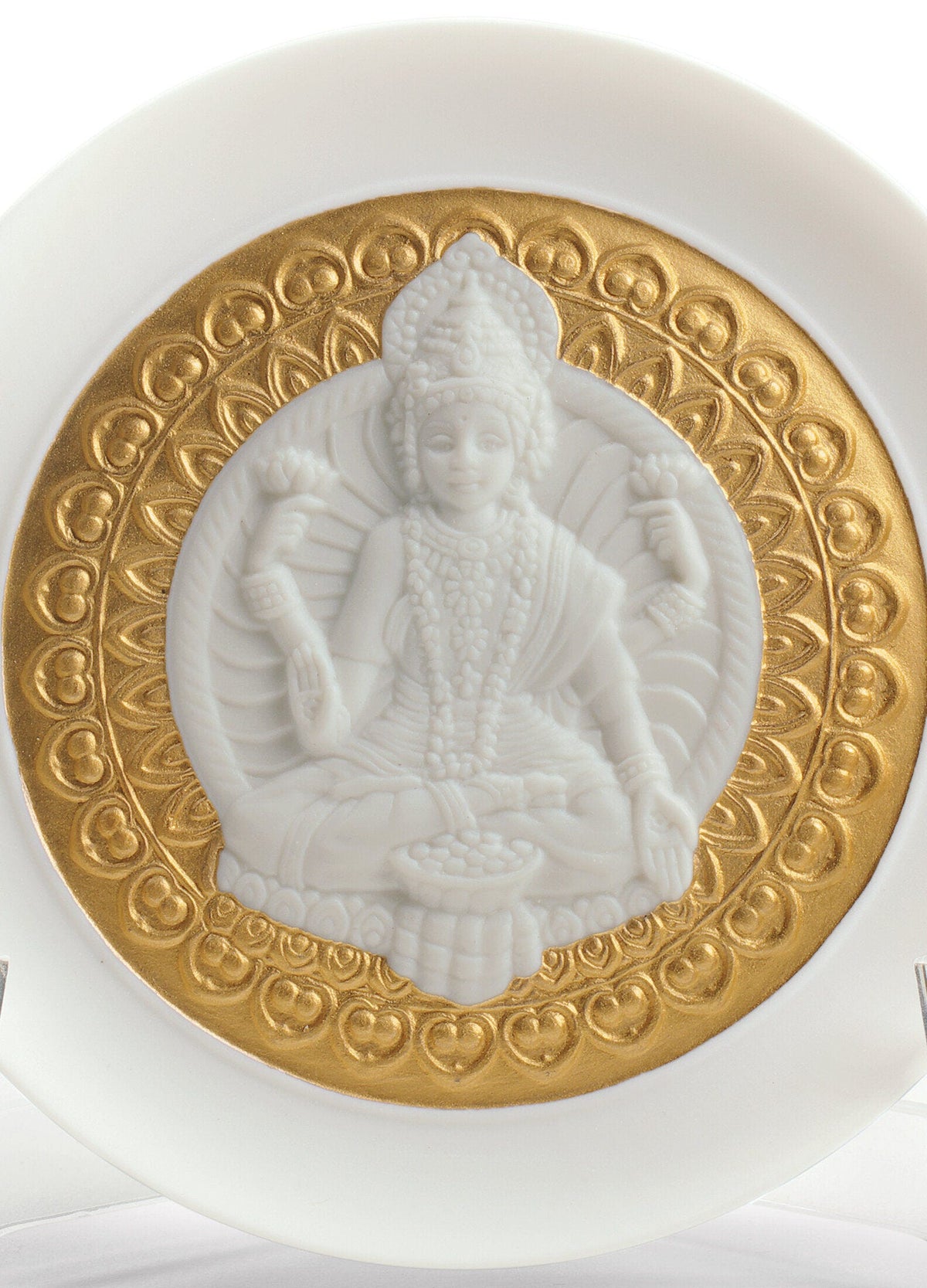 Lladro Goddess Lakshmi and Lord Ganesha Decorative Plates Set. Golden Lustre