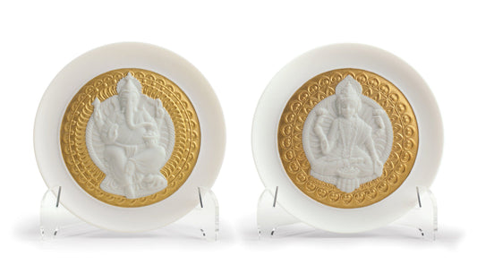 Lladro Goddess Lakshmi and Lord Ganesha Decorative Plates Set. Golden Lustre