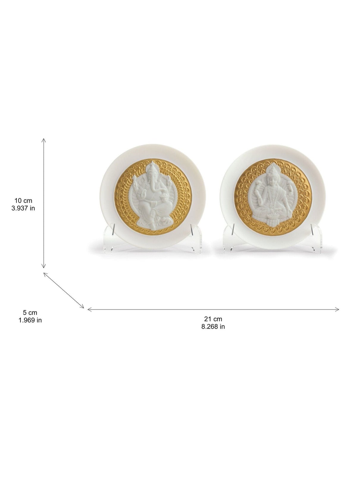 Lladro Goddess Lakshmi and Lord Ganesha Decorative Plates Set. Golden Lustre