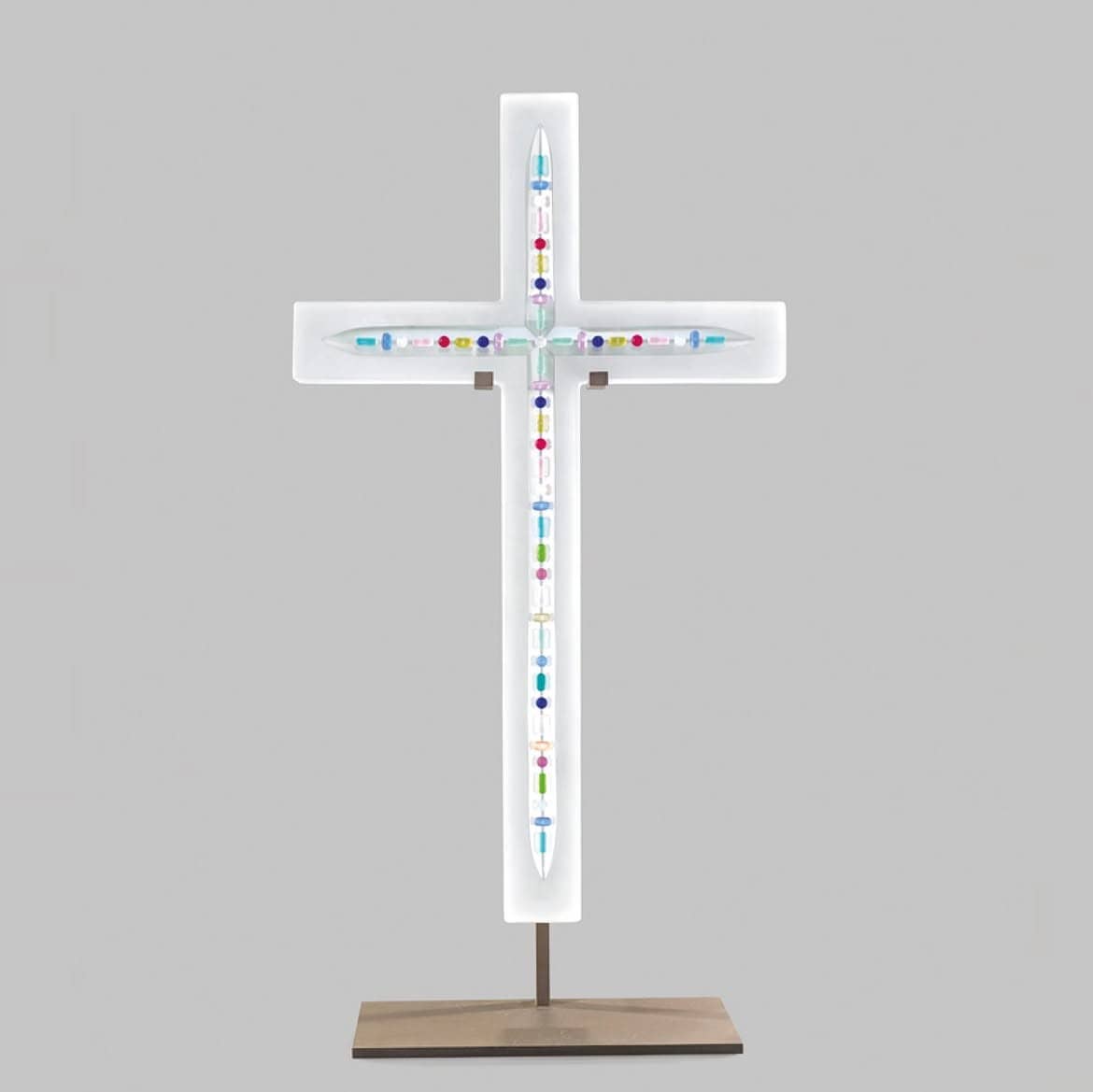 Lalique Cross Sculpture by artist damien hirst in crystal with vibrant colours for modern décor at FormFluent Australia