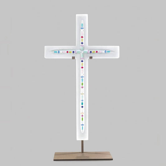 Lalique Cross Sculpture by artist damien hirst in crystal with vibrant colours for modern décor at FormFluent Australia