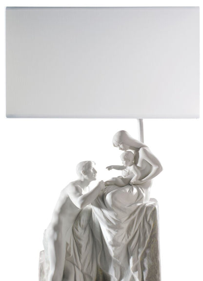 Lladró Family Table Lamp featuring a sculptural design with a family scene and a white lampshade