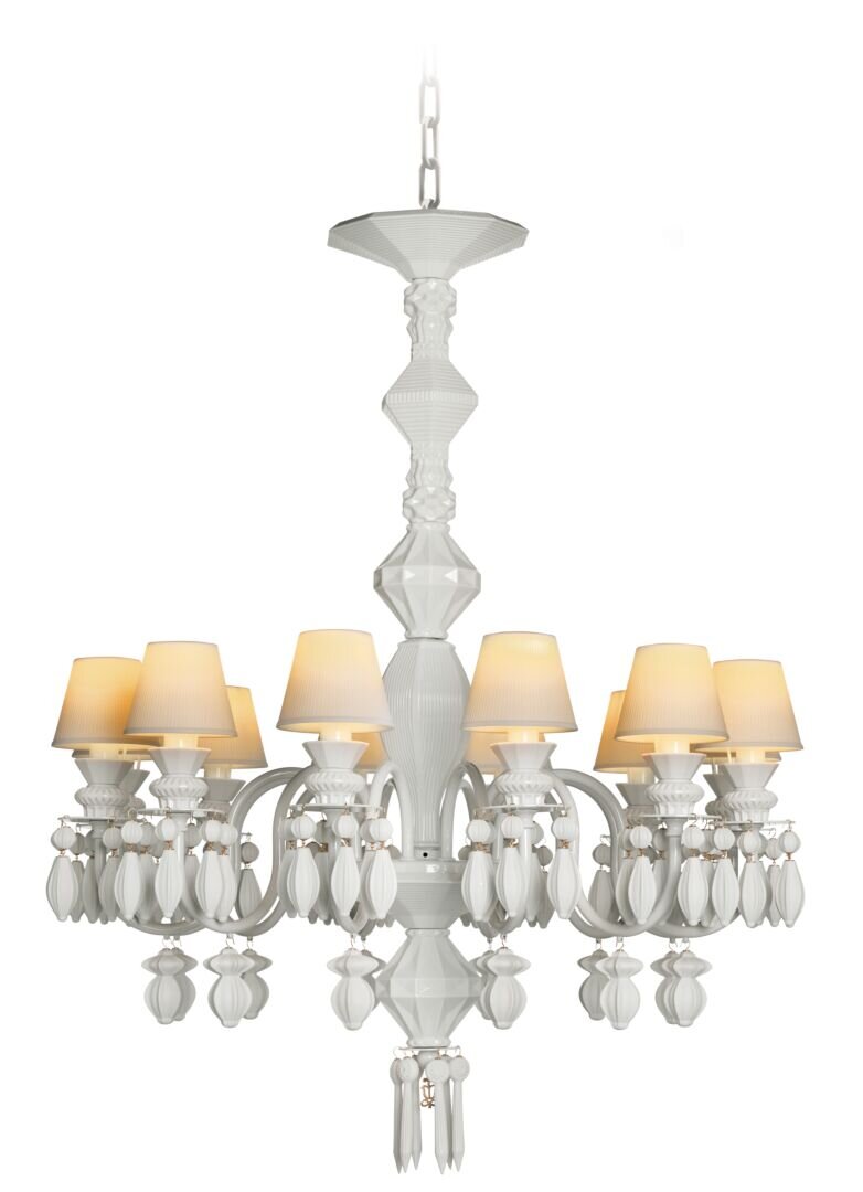 Elegant Lladró Chandelier in White with Eight Softly Glowing Lampshades