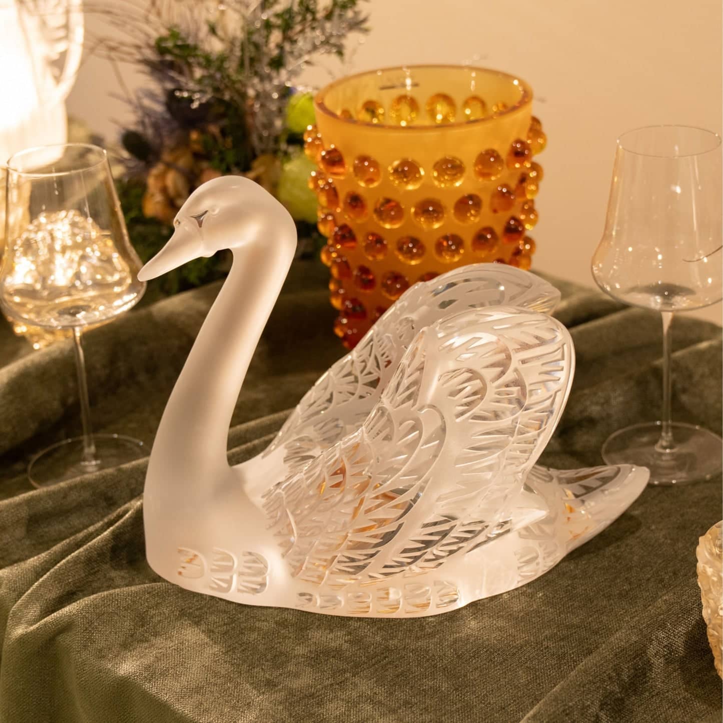 Lalique Swan Head Up Sculpture - Gold Lustre Crystal Sculpture by  Lalique at   FormFluent Sydney, Australia
