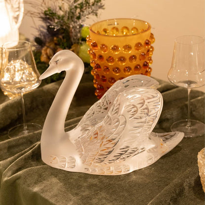 Lalique Swan Head Up Sculpture - Gold Lustre Crystal Sculpture by  Lalique at   FormFluent Sydney, Australia